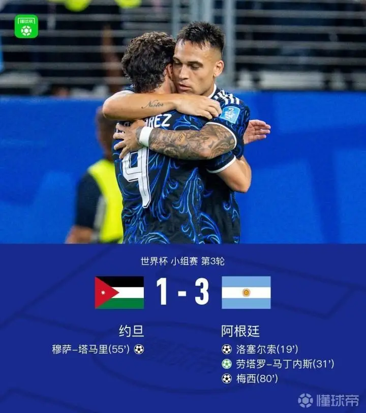 阿根廷3-1约旦,梅西和洛塞尔索各自打入精彩任意球,劳塔罗点射成功