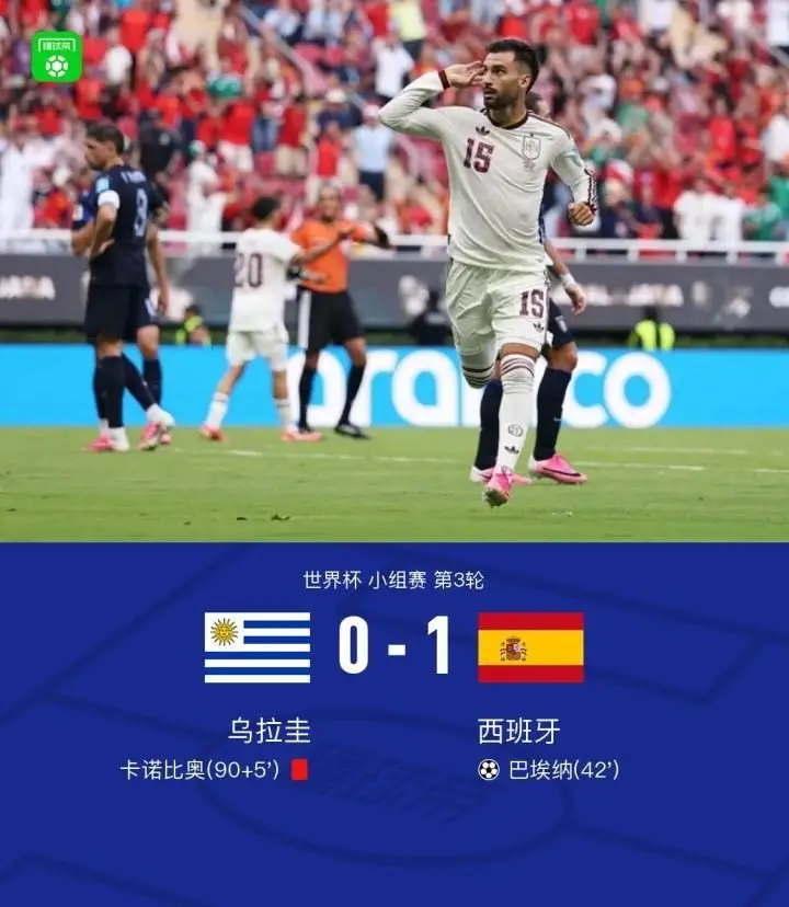 西班牙1-0乌拉圭:巴埃纳的射门导致穆斯莱拉失误,卡诺比奥被红牌罚下
