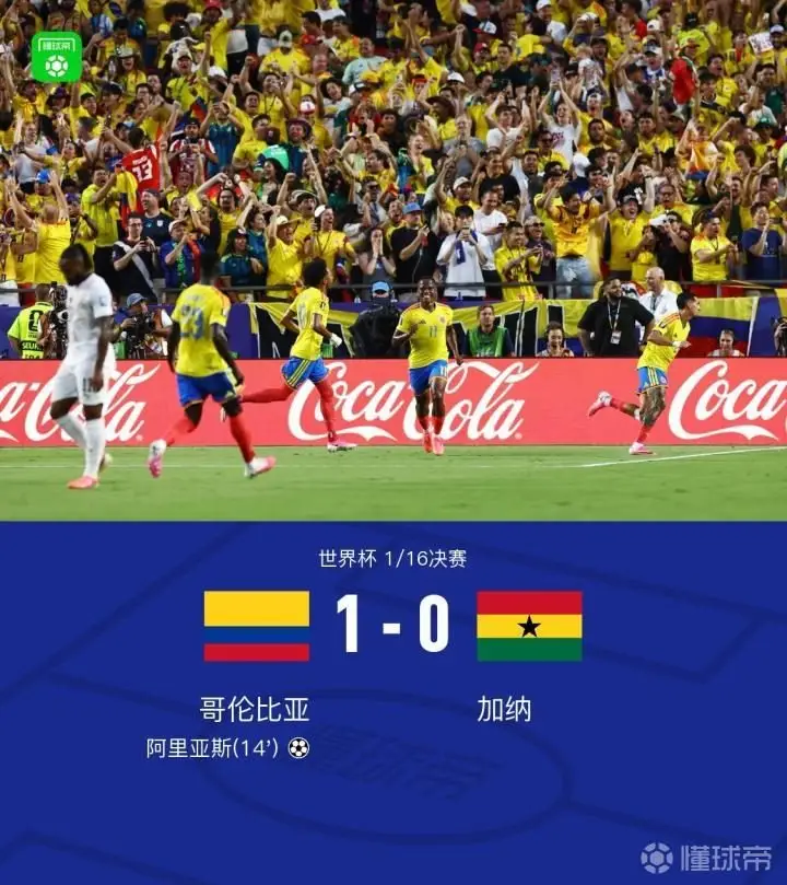哥伦比亚1-0战胜加纳,阿里亚斯进球,迪亚斯进球被判越位