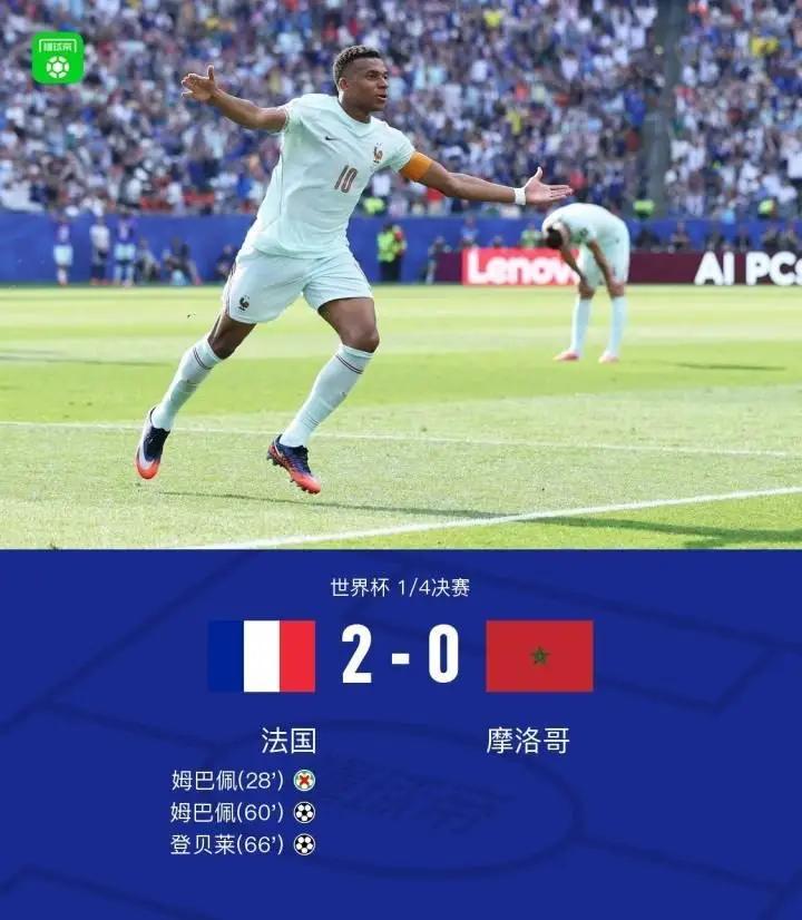 法国2-0战胜摩洛哥晋级世界杯四强,姆巴佩传射,登贝莱破门