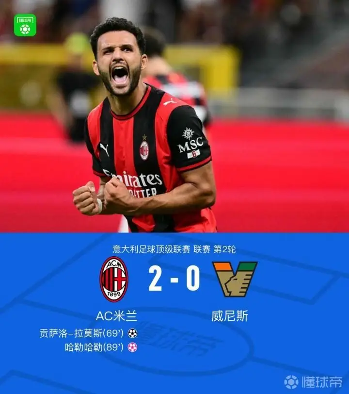 米兰2-0威尼斯，贡萨洛-拉莫斯建功，亚沙里造乌龙