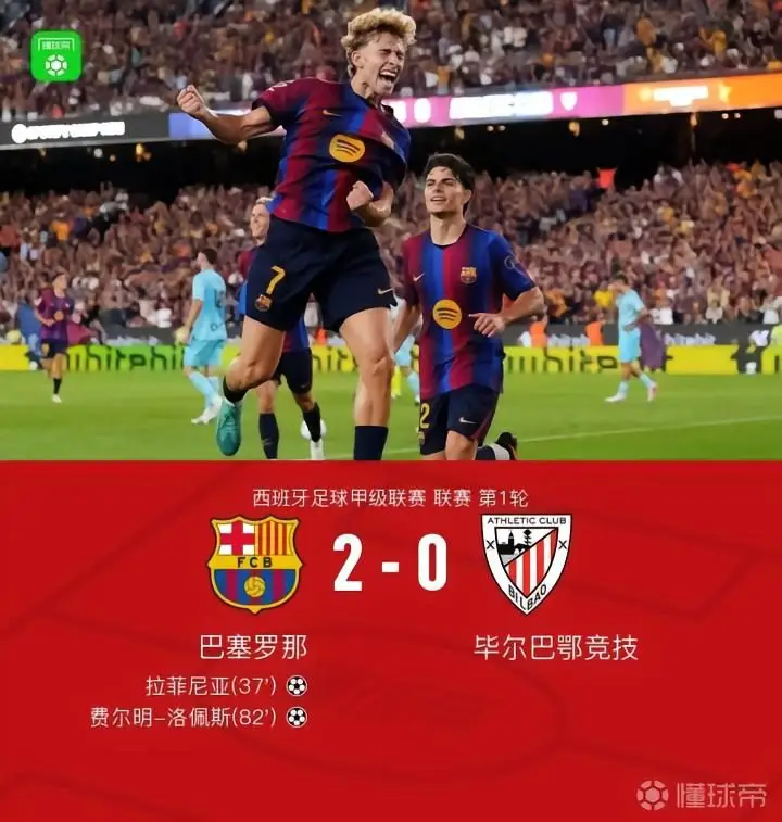 巴萨主场2-0战胜毕尔巴鄂,拉菲尼亚进球并两次中柱,费尔明破门