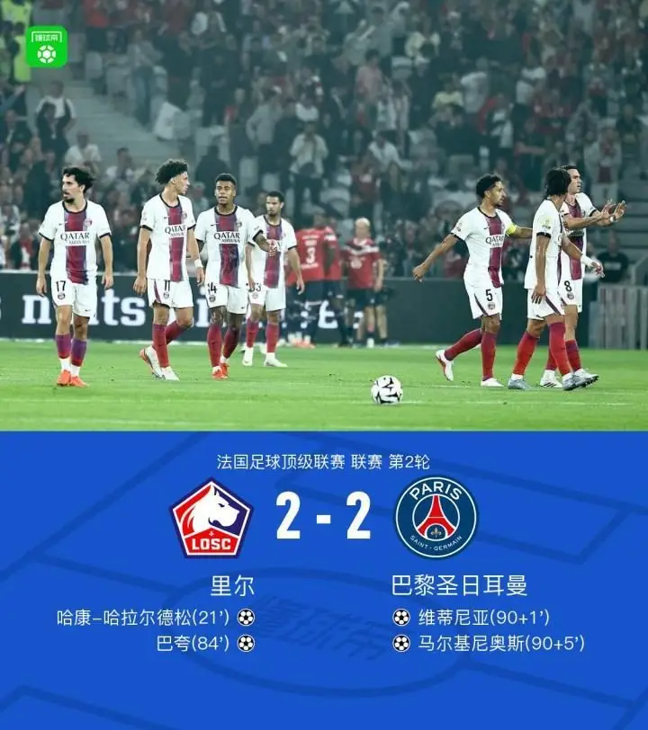 巴黎客场2-2绝平里尔,维蒂尼亚传射建功,马尔基尼奥斯救主