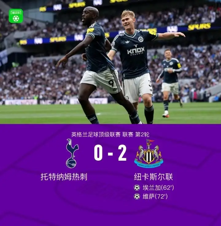 热刺0-2纽卡斯尔联，埃兰加先拔头筹，维萨侧钩破门